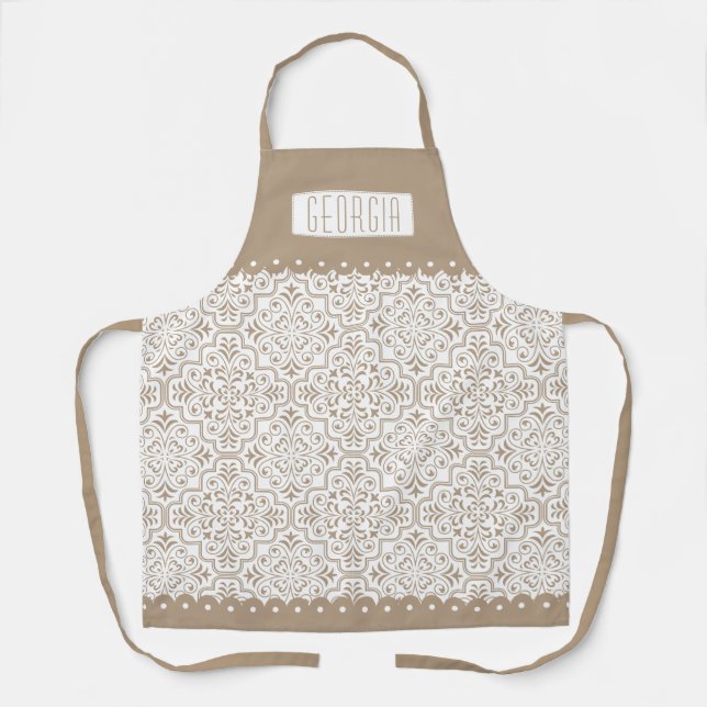White, taupe damask pattern with scalloped borders apron (Front)