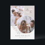 White Taupe Greenery Overlapping Photos Save The Date<br><div class="desc">Double sided save the date card in white and taupe with your initials, overlapping photos, and greenery with clean elegant fonts. Photo save the date card with a modern design personalized with your monogram and photos, two on one side and one on the other.</div>