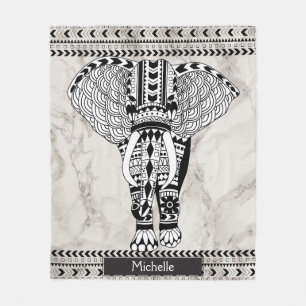 White & Taupe Marble Tribal Patterned Elephant Fleece Blanket
