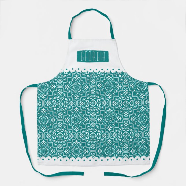 White, teal blue damask pattern scalloped borders apron (Front)