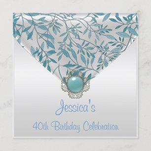 White Teal Blue Floral Jewel 40th Birthday Invitation