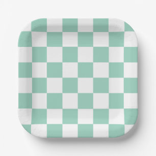 White & Teal Checkerboard Paper Plates