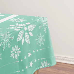 White & Teal Christmas Wreath & Snowflakes Pattern Tablecloth