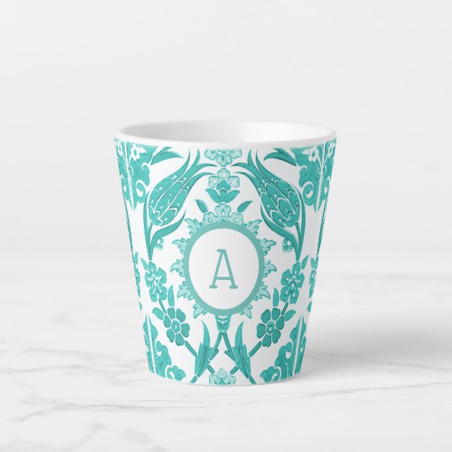 White & Teal Farmhouse Floral Tile | Monogram Latte Mug (Front)