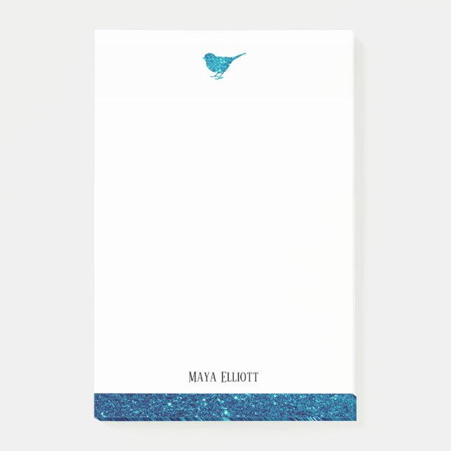 White & Teal Faux Glitter Bird w/ Border, Name Post-it Notes (Front)