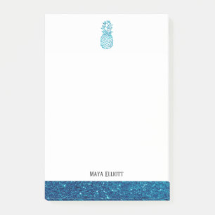 White + Teal Faux Glitter Pineapple & Border, Name Post-it Notes