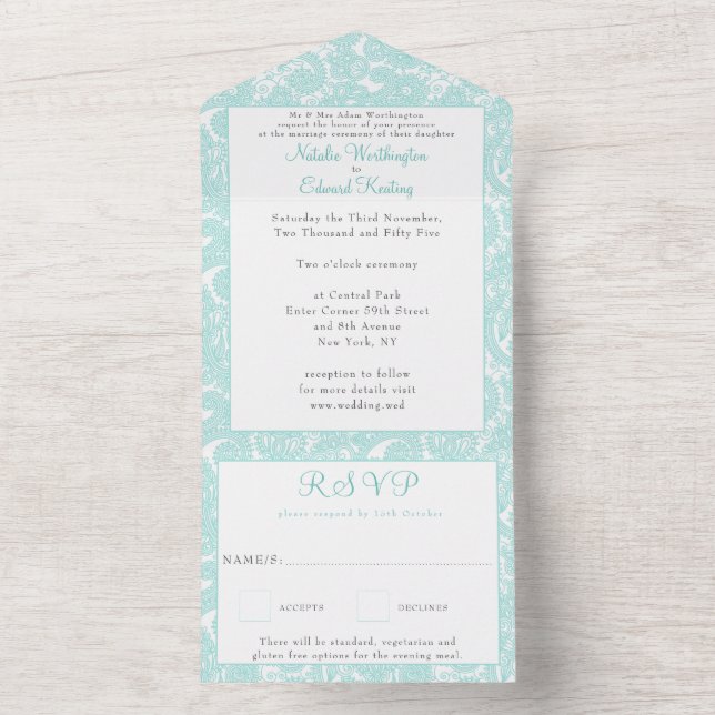 White Teal Filigree Paisley Henna Wedding RSVP All All In One Invitation (Inside)