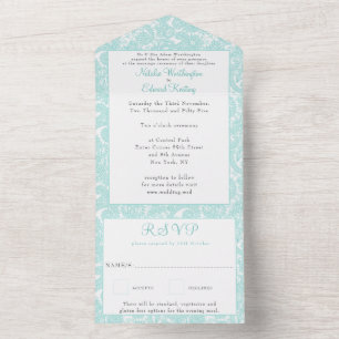 White Teal Filigree Paisley Henna Wedding RSVP All All In One Invitation
