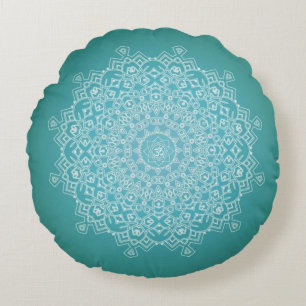 White & Teal Om Mandala Meditation Round Pillow