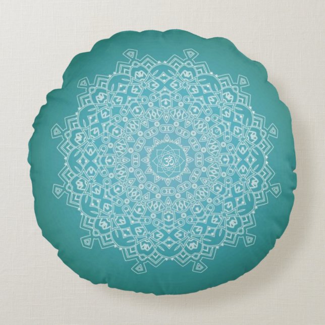 White & Teal Om Mandala Meditation Round Pillow (Front)