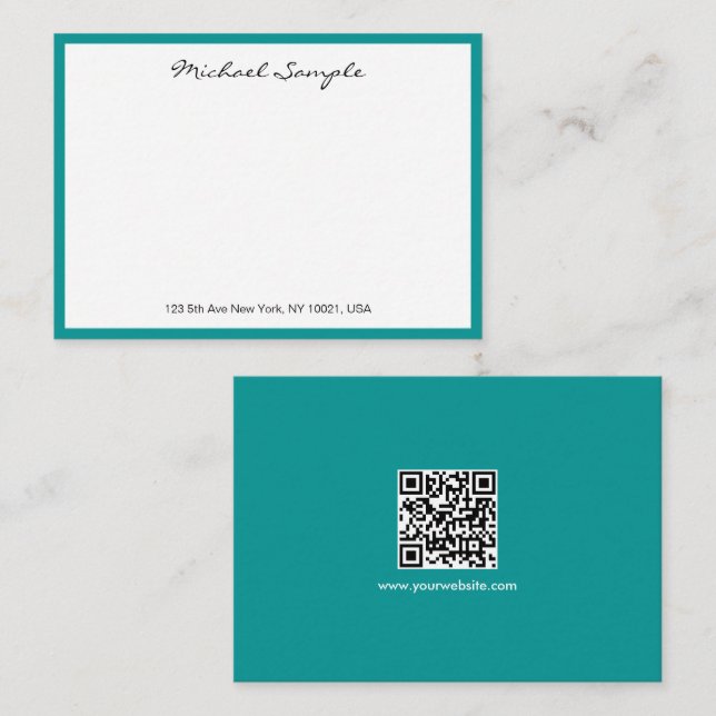 White & Teal QR Code Typography Script Name Card (Front/Back)