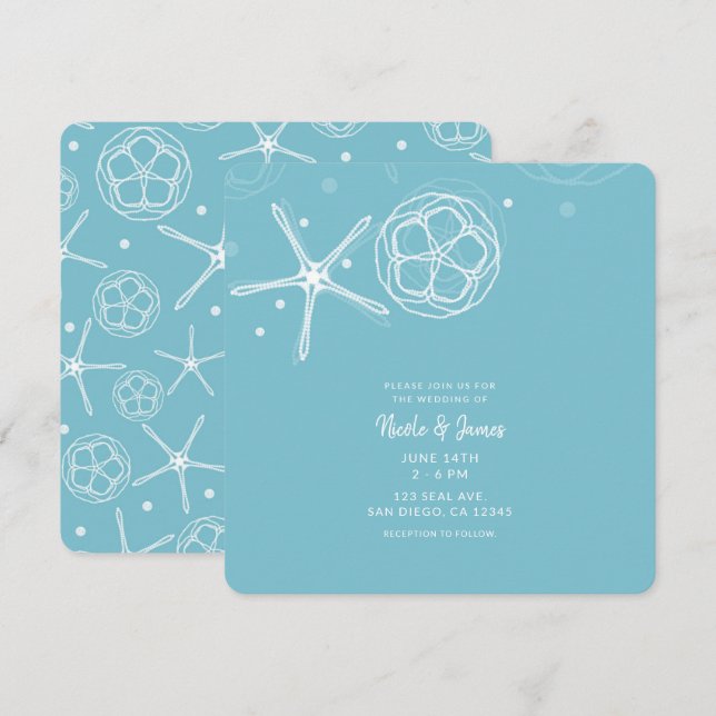 White & Teal Starfish Elegant Beach Wedding Invitation (Front/Back)