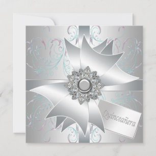 White Teal Swirls Quinceanera Invitation