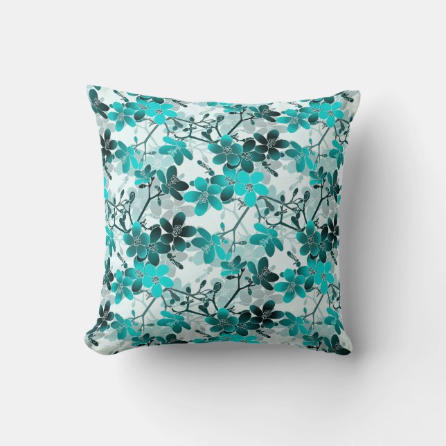 White Teal Turquoise & Grey Floral Pattern Throw Pillow (Front)
