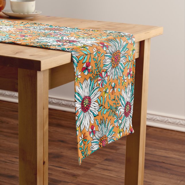 White Teal Yellow Orange Red Daisy Flowers Pattern Short Table Runner (In Situ)