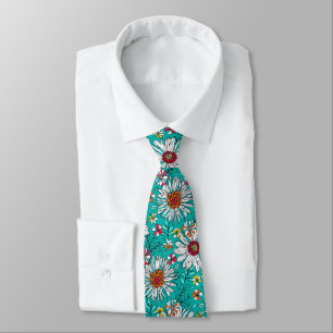 White Teal Yellow Orange Red Daisy Flowers Pattern Tie