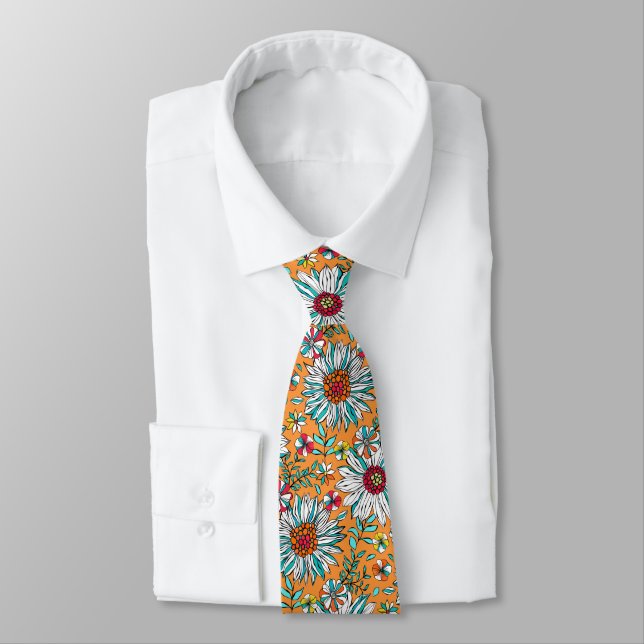 White Teal Yellow Orange Red Daisy Flowers Pattern Tie (Tied)