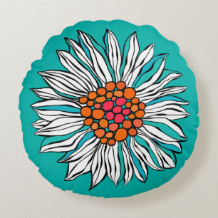 White Teal Yellow Orange Red Daisy Flowers Round Pillow