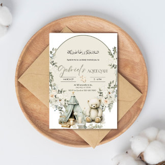 White Teddy Bear and Floral Aqiqah Invitation