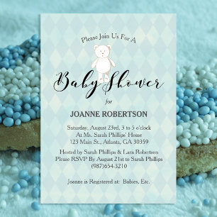 White Teddy Bear Baby Shower   Blue Diamond Invitation