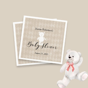 White Teddy Bear Baby Shower Modern Tan Argyle Napkin