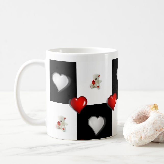 White Teddy Bear Red Hearts Mug (With Donut)