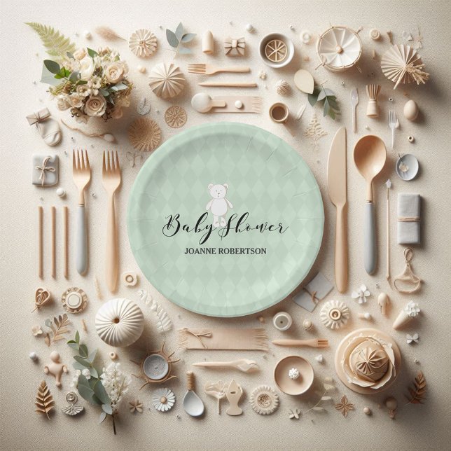 White Teddy Bear Sage Green Diamond Baby Shower Paper Plate (Creator Uploaded)