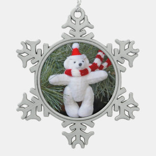 White teddy bear snowflake pewter christmas ornament