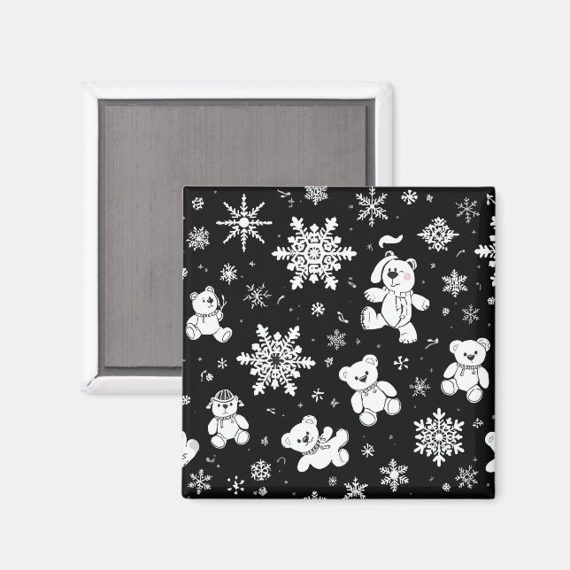 White Teddy Bear & Snowflake Seamless Pattern Magnet (Front/Back)
