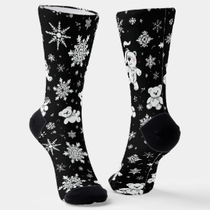 White Teddy Bear & Snowflake Seamless Pattern Socks
