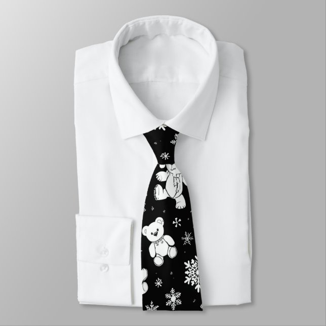 White Teddy Bear & Snowflake Seamless Pattern Tie (Tied)