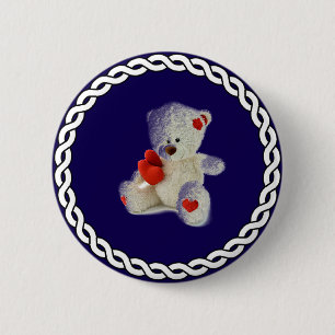White Teddy Bear, white circle frame, 2 Inch Round Button