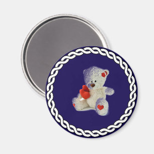 White Teddy Bear, white circle frame, Magnet