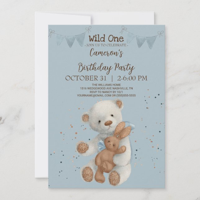 White Teddy Bear Wild One birthday Invitation (Front)