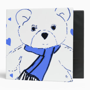 White Teddy Bear with Bright Blue Hearts Binder