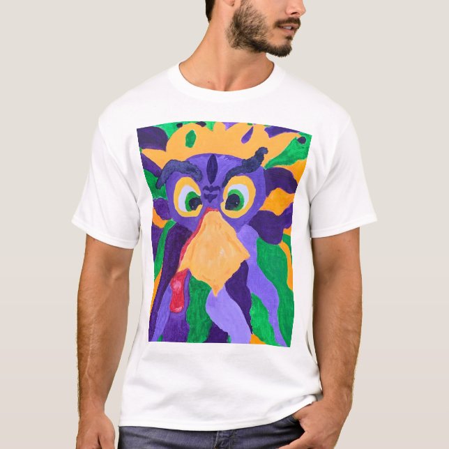White Tee Shirt with Corus, Rooster Extraordinaire (Front)