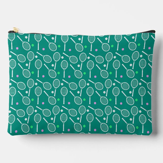 White Tennis Racket and a Ball Pattern Green Accessory Pouch (Front)