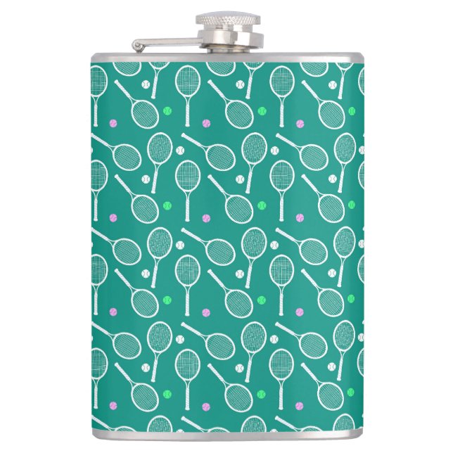 White Tennis Racket and a Ball Pattern Green Hip Flask (Front)