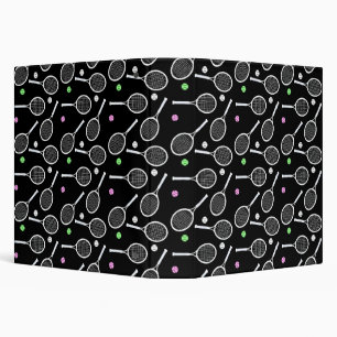 White Tennis Racket & Ball Pattern Black Binder