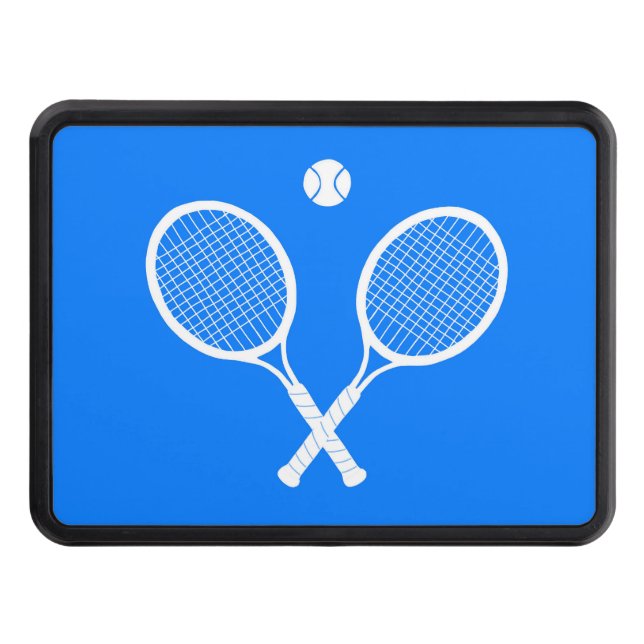 White Tennis Rackets and Ball Blue  Trailer Hitch Cover (Front)