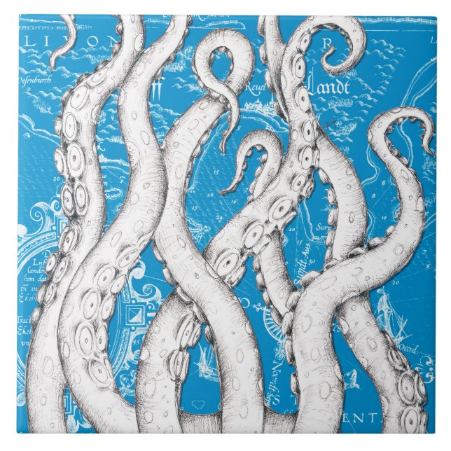 White Tentacles Octopus Vintage Map Blue Nautical Tile (Front)