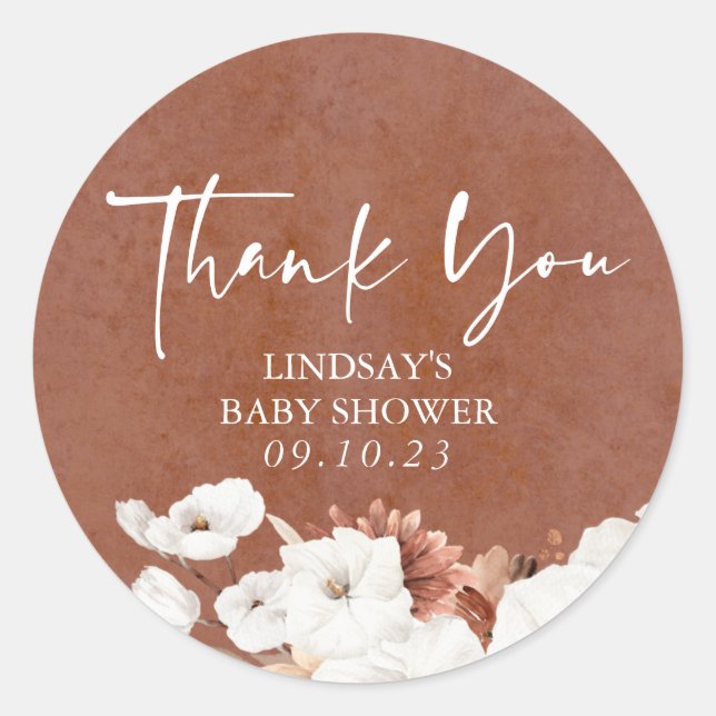 White Terracotta Flowers Boho Elegant Thank You Classic Round Sticker (Front)