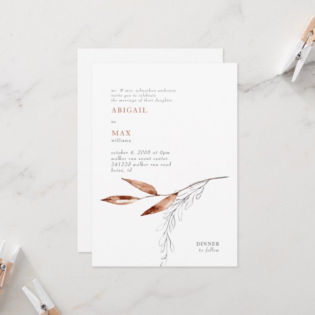 White & Terracotta Modern Foliage Wedding  Invitation (Front/Back In Situ)