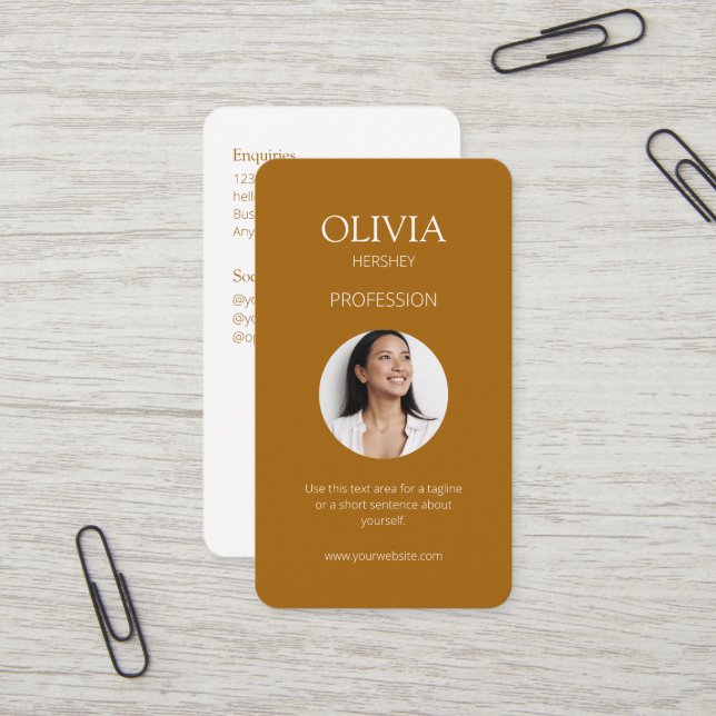 White / Terracotta Photo Social QR Code  Business Card (Front/Back In Situ)