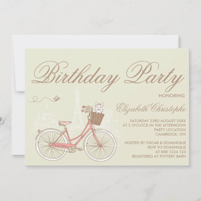 White Terrier sur Pink Bicycle Invitation Annivers (Devant)