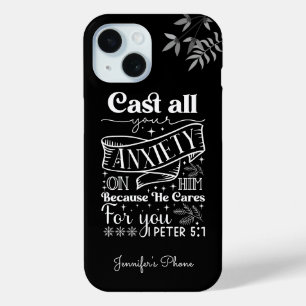 White Text Typography, 1 Peter 5:7 Scripture iPhone 15 Case