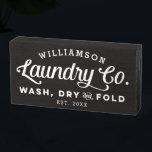 White Text Vintage Laundry Wash Dry Fold Wooden Box Sign<br><div class="desc">Place this charming and cheeky personalized wooden block sign on a shelf in your laundry room and bring a little bit of that vintage farmhouse vibe to your home decor. Use the customize options to create a truly one of a kind for yourself by changing fonts and the background colour....</div>