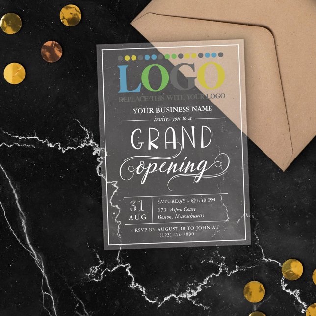 White Text Wide Logo Business Grand Opening  Acrylic Invitations (Creator Uploaded)