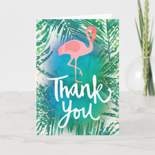 white thank you script flamingo on palm leaves