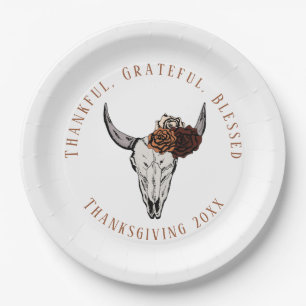 White Thankful Grateful Blessed Thanksgiving Paper Plate